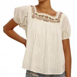 NEW IN-LOOM penny square neck embroidered blouse in white